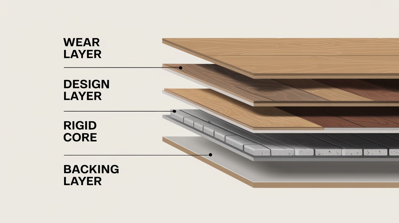 Layered structure of luxury vinyl plank flooring showing wear layer, core, and backing.