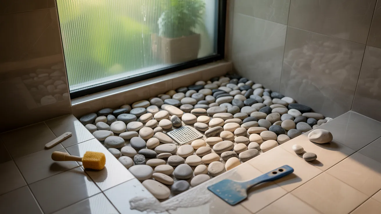 Pebble shower floor installation with rounded stones and waterproof shower base in a modern bathroom.