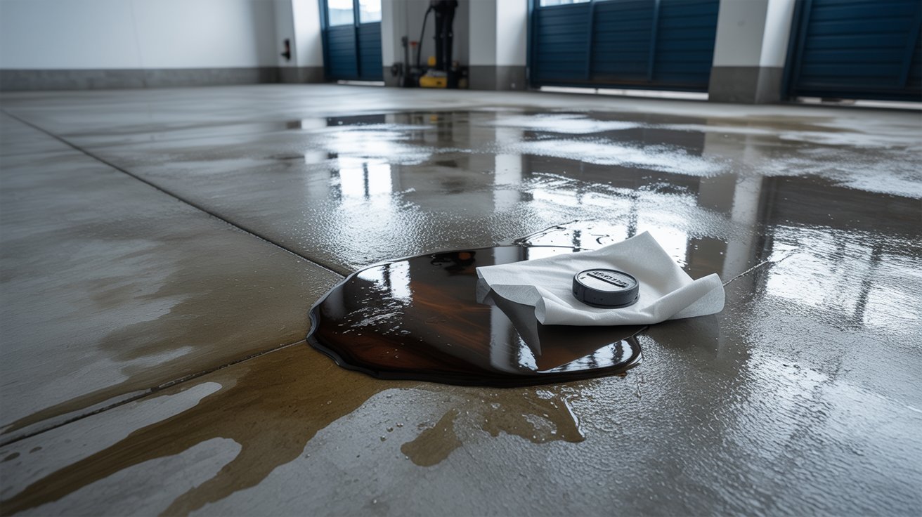 Oil spill being cleaned from a polished concrete garage floor.