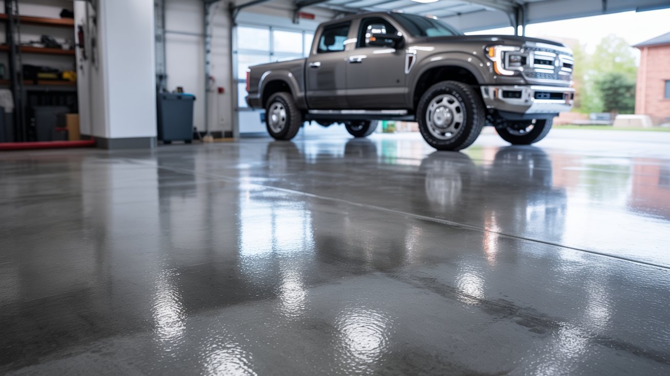 Heavy vehicle parked on a durable polished concrete garage floor.