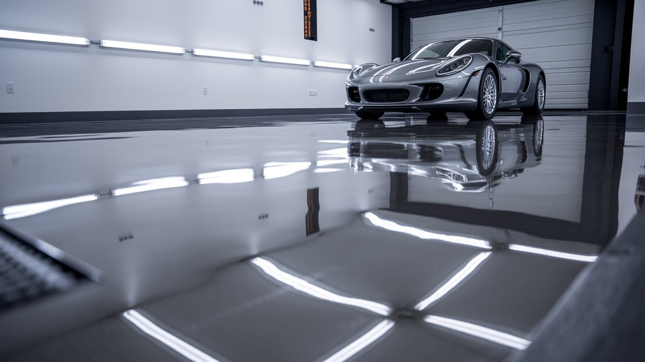 High-gloss polished concrete garage floor with reflective shine.