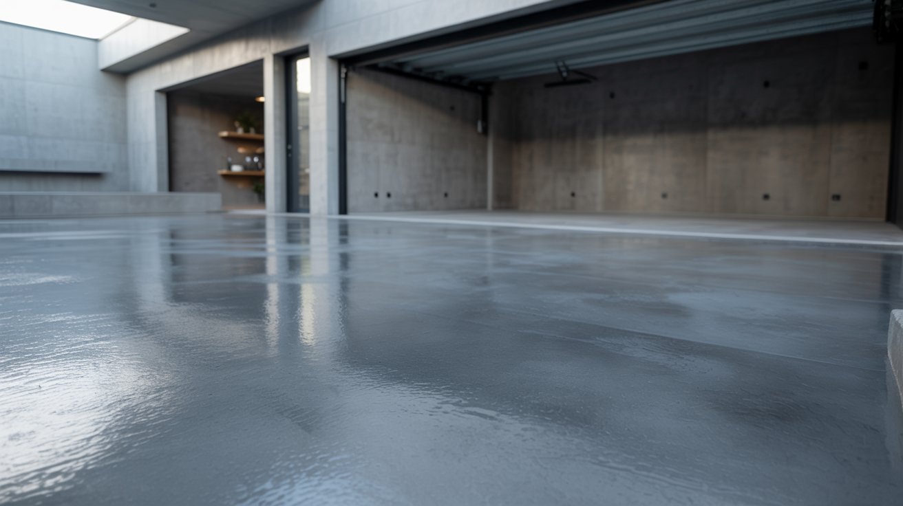 Garage with a matte polished concrete floor finish.