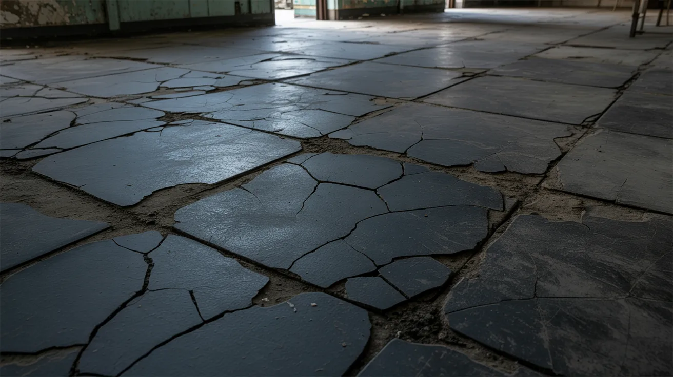 Old asphalt floor tiles commonly made with asbestos.