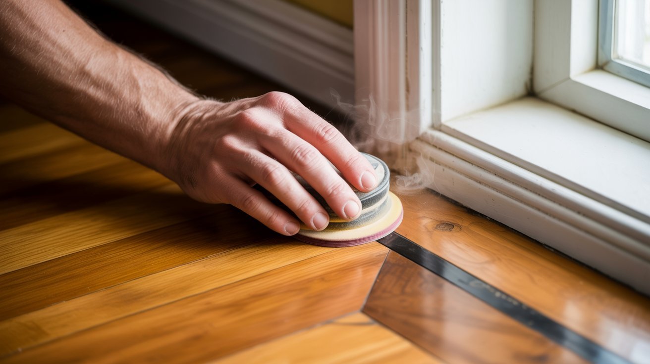 Buffing hardwood floor corners and edges carefully.