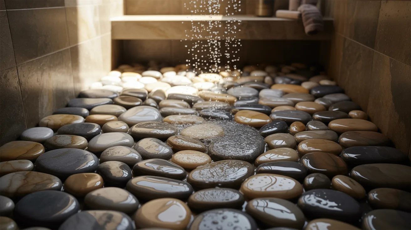 Natural river rock pebble shower floor with organic stone texture