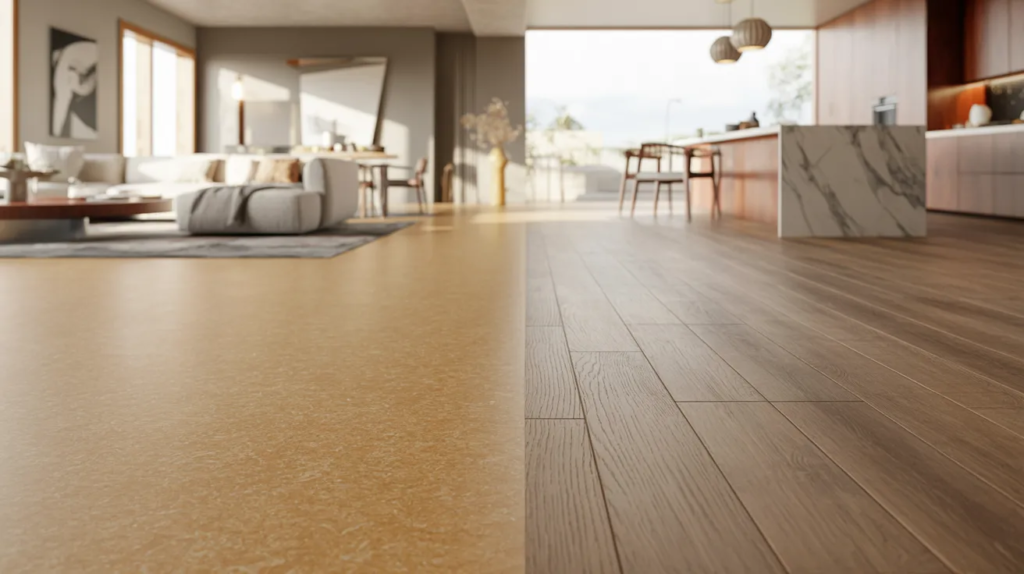 Modern home interior comparing linoleum flooring and vinyl flooring