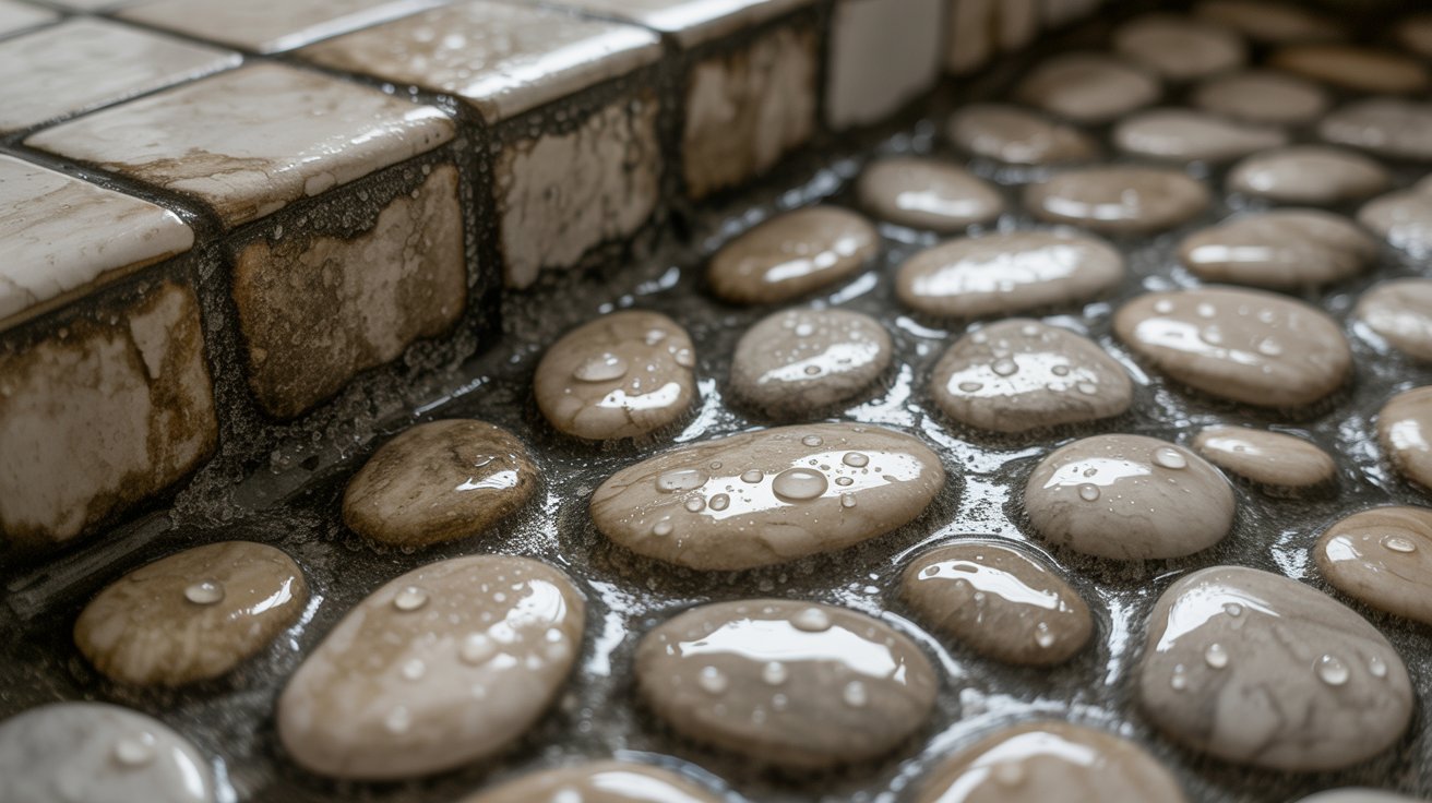 Soap buildup and trapped moisture on a pebble shower floor.