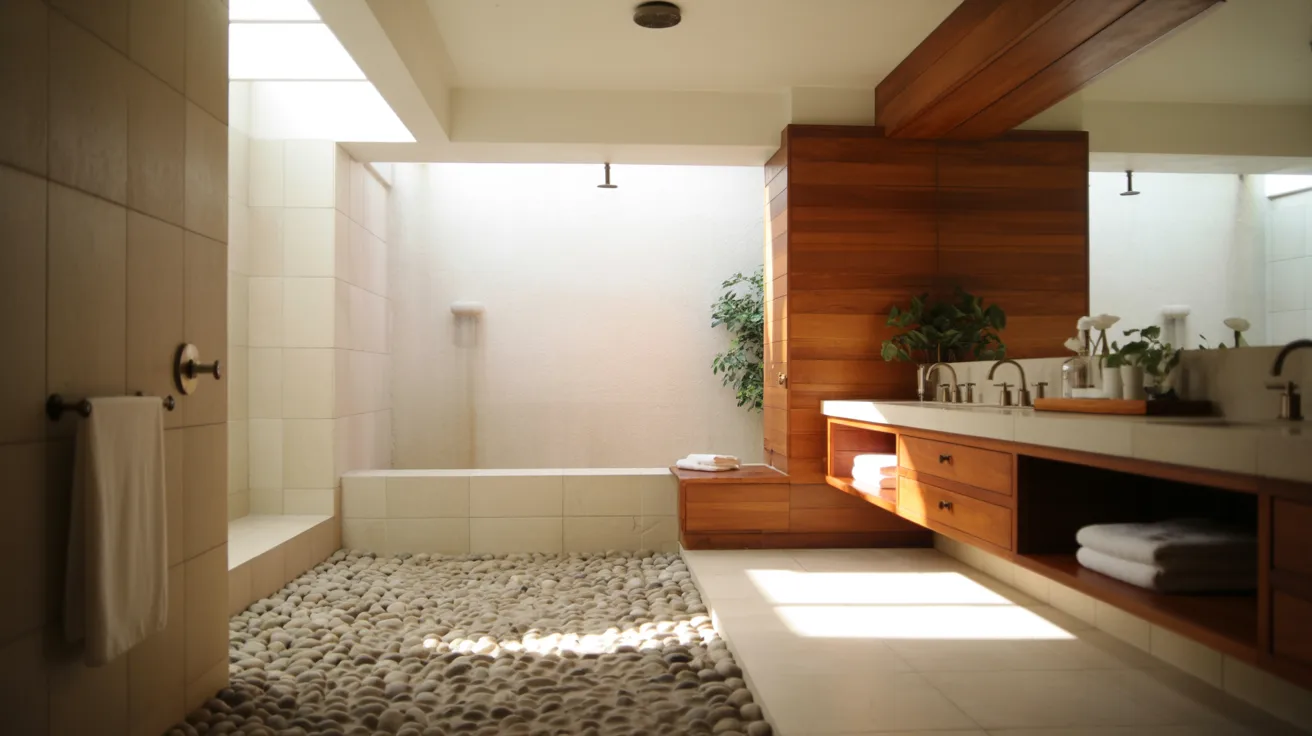 Spa-influenced bathroom design with a pebble shower floor